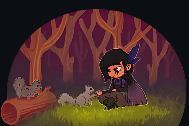 A male character sitting serenely in a forest scene, interacting with two curious squirrels.