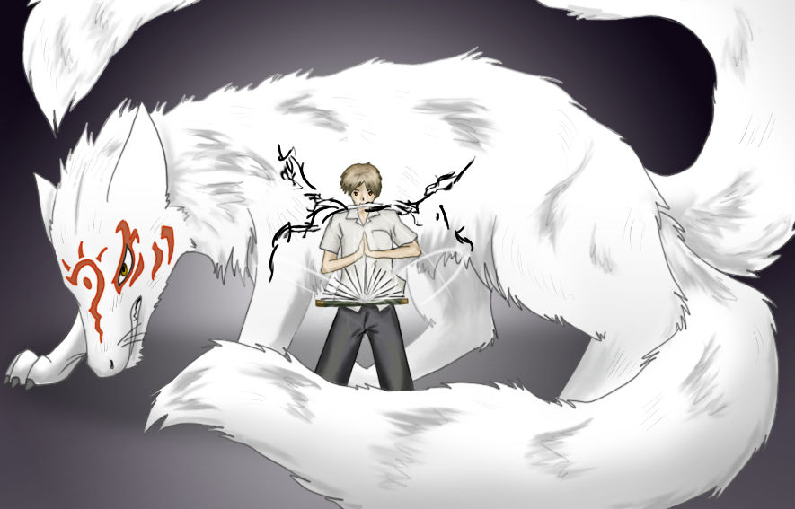 The character Natsume from Natsume Yuujinchou, holding a paper with names flowing from it in his mouth. A book is floating open in front of him, its pages fanned out. A large while monster creature (Madara Sensei's yokai form) is posed behind him.