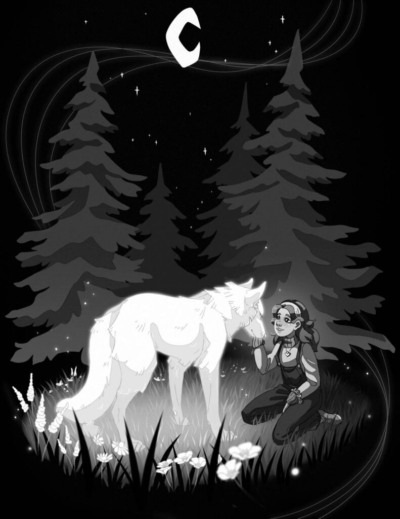 A middle school girl kneels on a forest floor, her hand on the muzzle of a glowing white wolf that stands before her. They are surrounded by trees and flowers, with a starry night sky above.