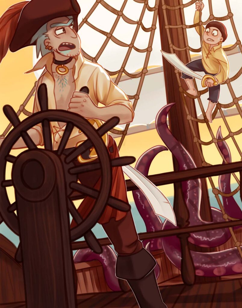 Rick and Morty on a pirate ship while aquatic tentacles reach over the side of the boat up the mast, where Morty is hanging on to a rope ladder.
