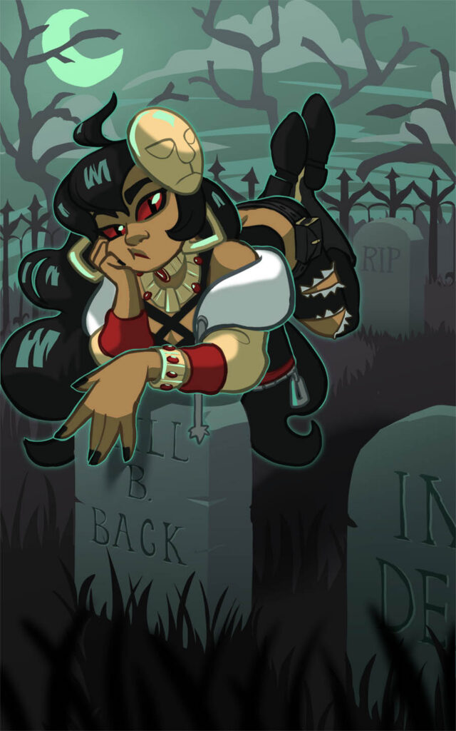 An original character floats in a cemetery at night, resting her elbows on a gravestone. She looks bored and indifferent.