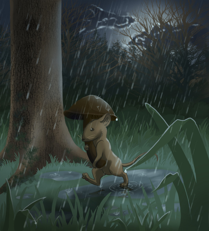 A mouse holding a brown mushroom above its head like an umbrella, stepping through puddles of water in the grass as it rains.