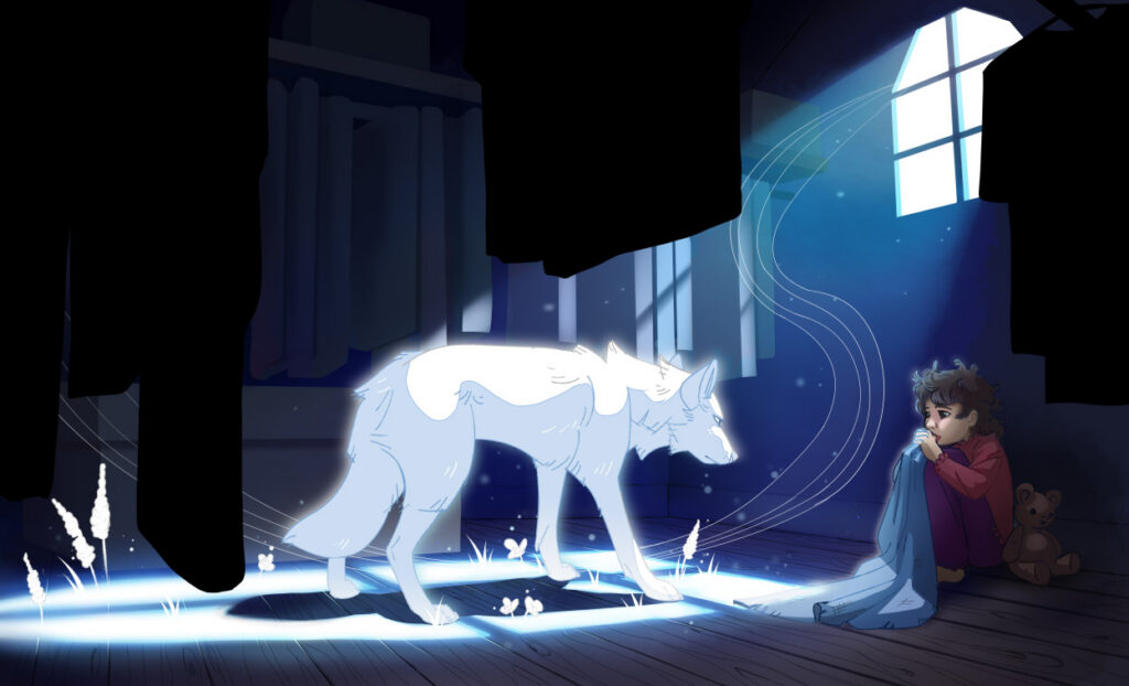A toddler sits with her back to the wall in a dark, moonlit closet, sucking her thumb and holding a blanket. In front of her, a glowing white wolf inspects her curiously. Flowers sprout from the moonlight where it filters in through the window and illuminates the wolf.