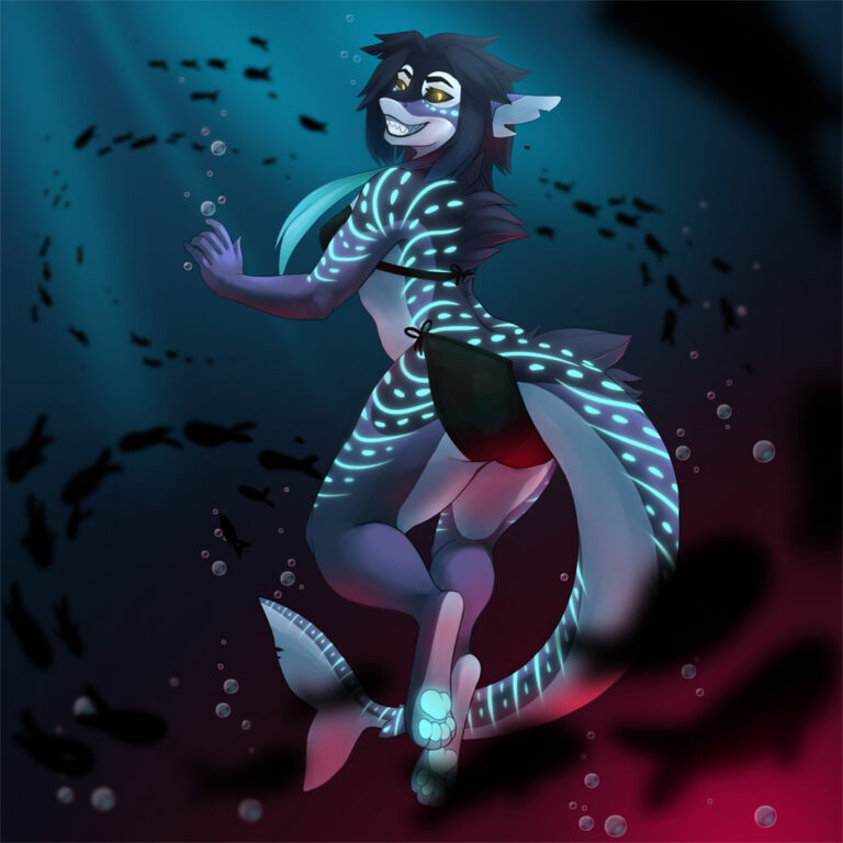 An anthropomorphic shark character, floating in the dark ocean. Her grin shows sharp teeth, and the markings along her body are glowing as a school of fish swim around her.