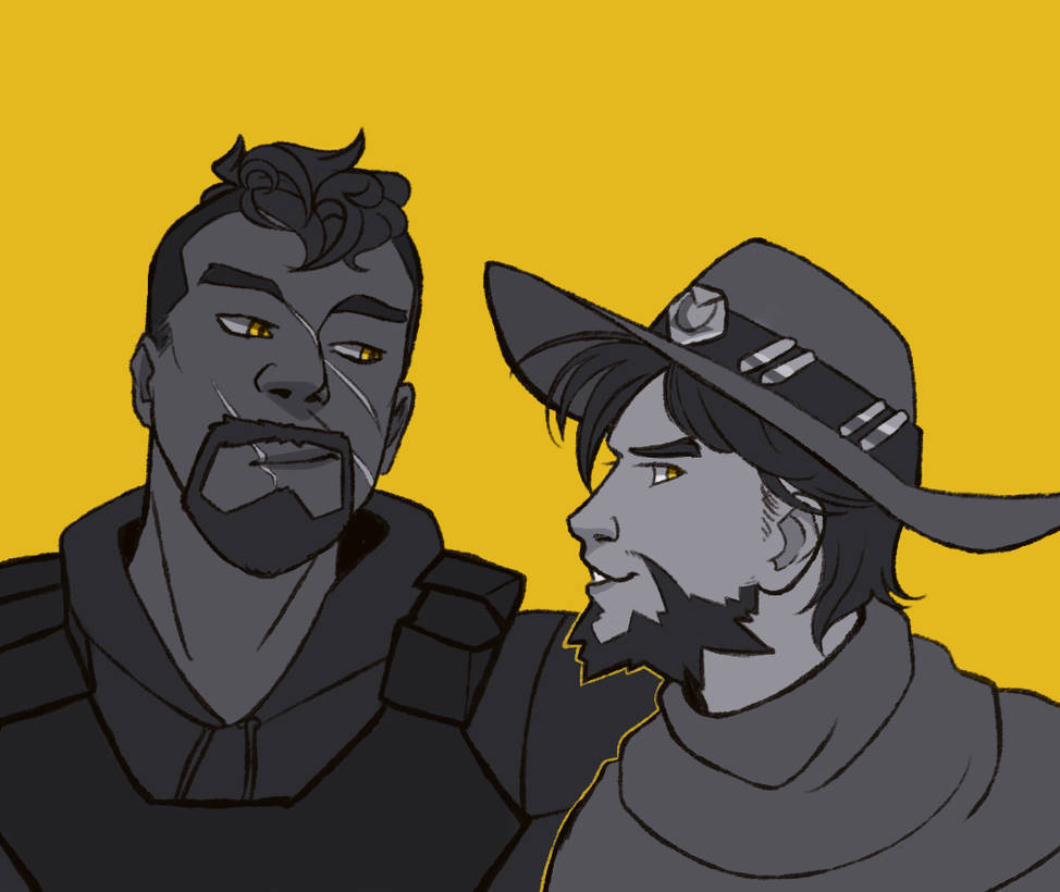 Gabriel and McCree from the video game Overwatch. Gabriel is smirking while McCree says something out of the corner of his mouth.