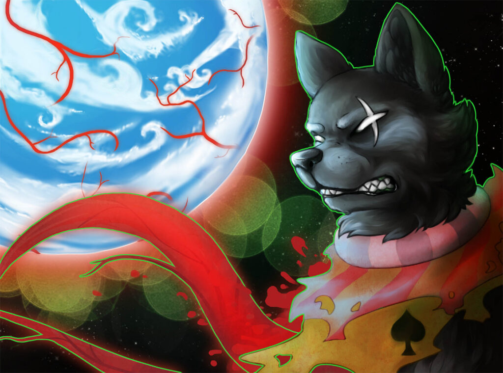 The character Bec Noir, a black dog, snarls down at a blue planet with white swirling clouds as he creates red veins to ensnare it.
