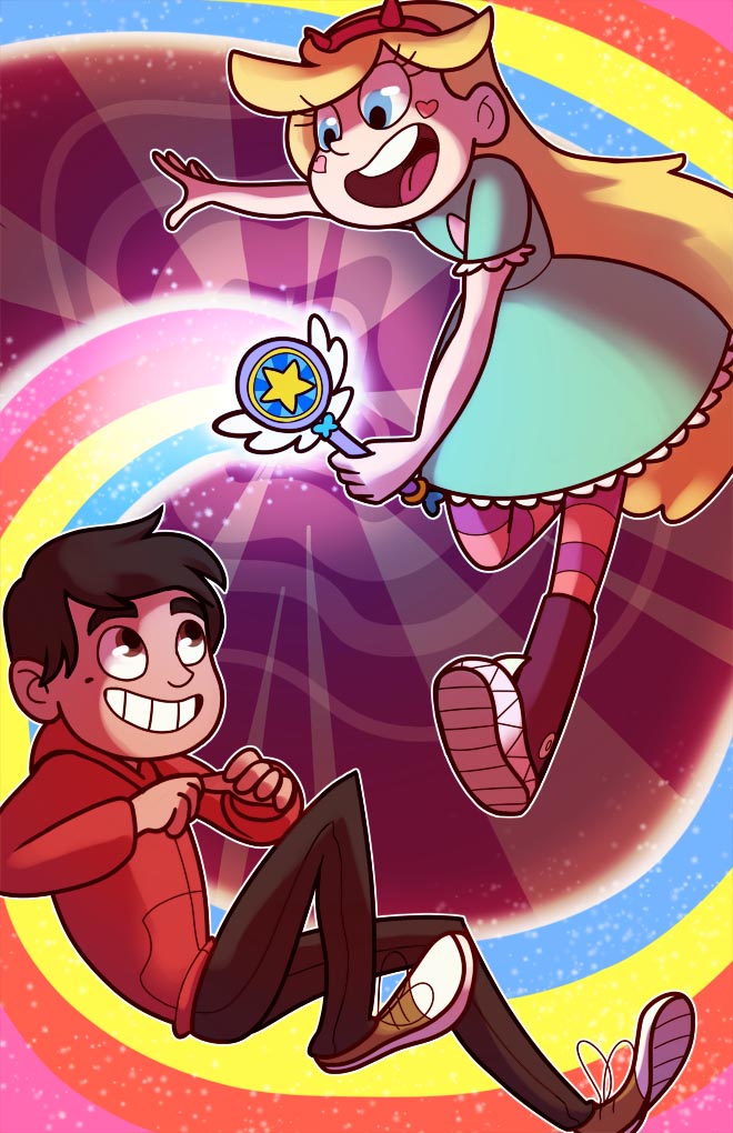Star and Marco from the show Star Versus The Forces of Evil. Both characters are gleeful as Star creates a rainbow swirl of magic from her wand.