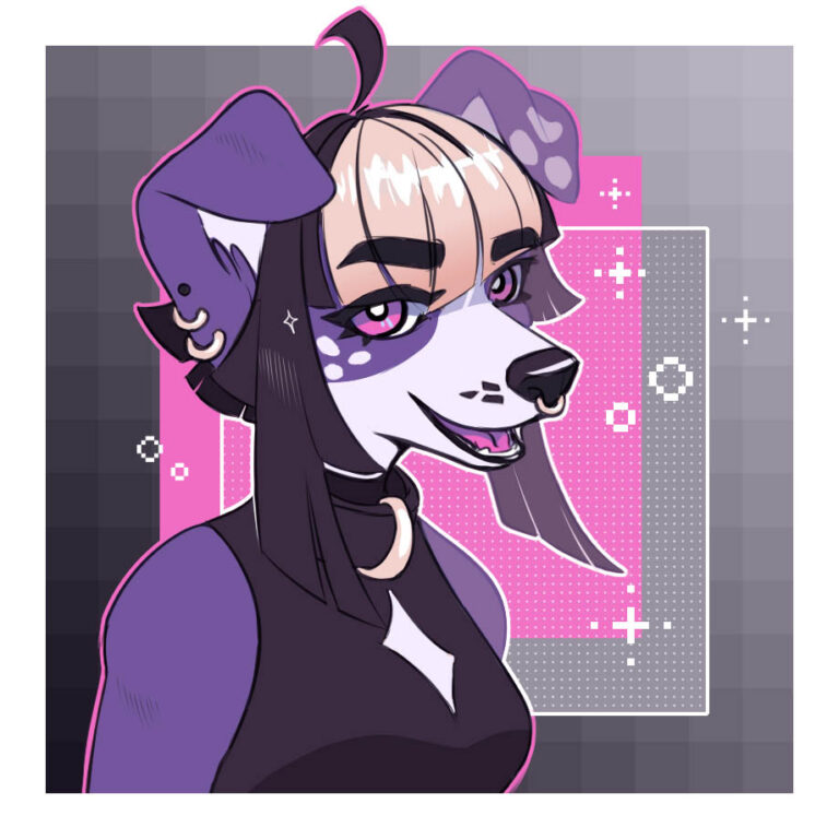 An anthropomorphic purple and white border collie character.