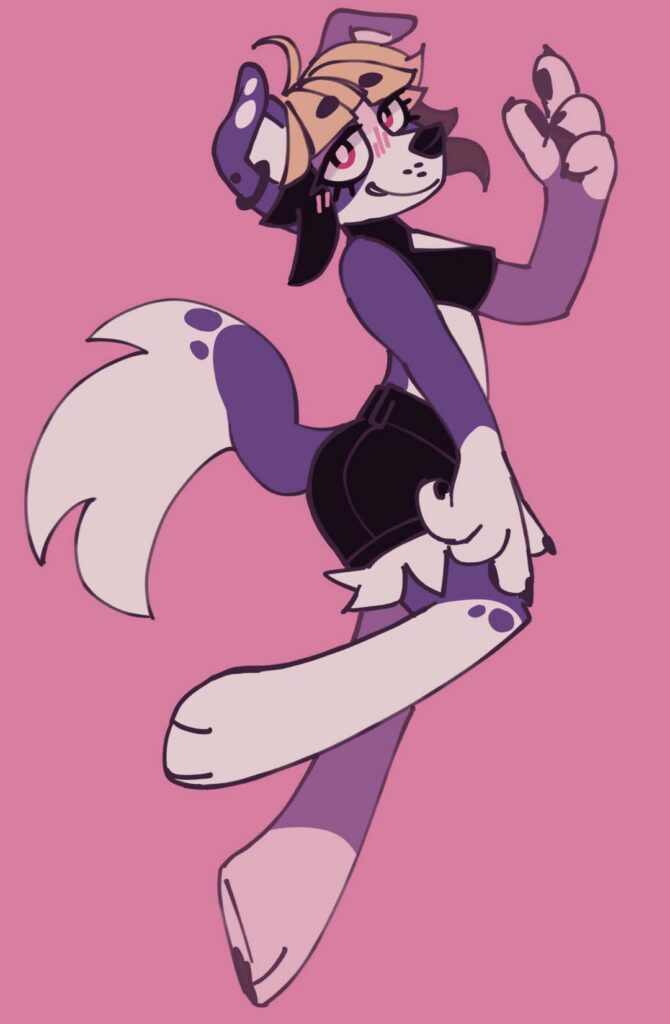 An anthropomorphic purple and white border collie, smiling and blushing slightly against a pink background.