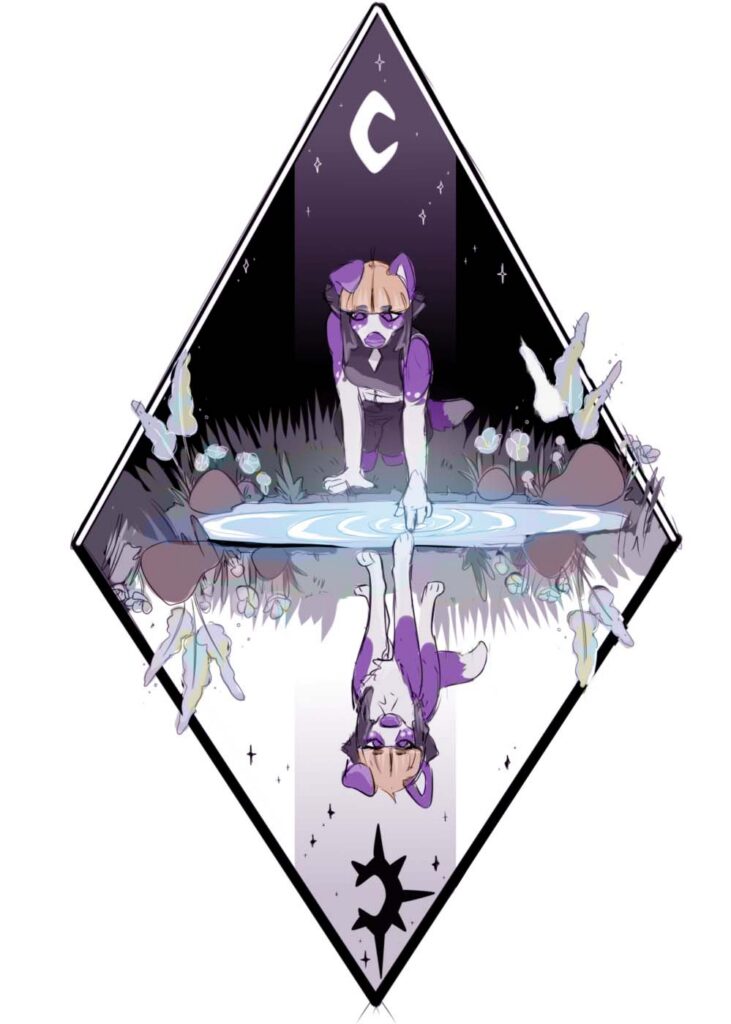 An anthropomorphic purple and white border collie character looks at her own reflection in a pool of water. Beneath the reflection is a 4-legged non-anthro version of the same character, looking back. The first scene is set against a black background, and the reflection is set against white.