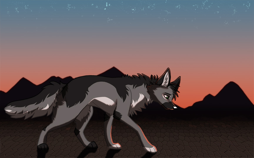 A wolf character walks across an empty desert with mountains in the distance at twilight.