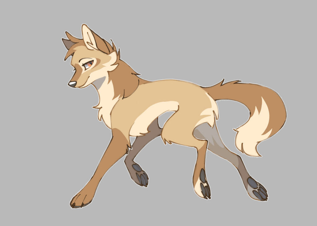 A friendly-looking canine character with tan and light brown markings.