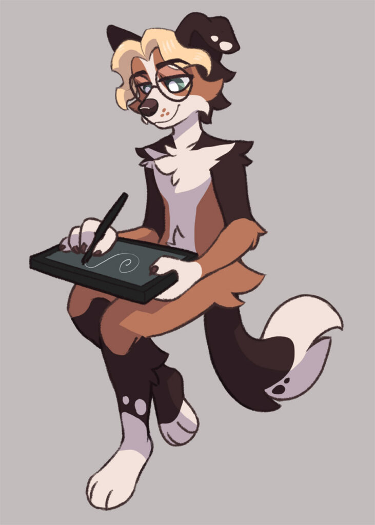 An anthropomorphic brown and white dog drawing on a digital tablet.