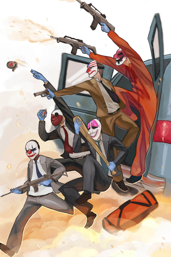 The characters Chains, Wolf, Houston, Dallas, and Hoxton from the video game Payday 2. They are wearing their heist masks and jumping out the back of the blue getaway van into a plume of smoke, firing guns as they go.