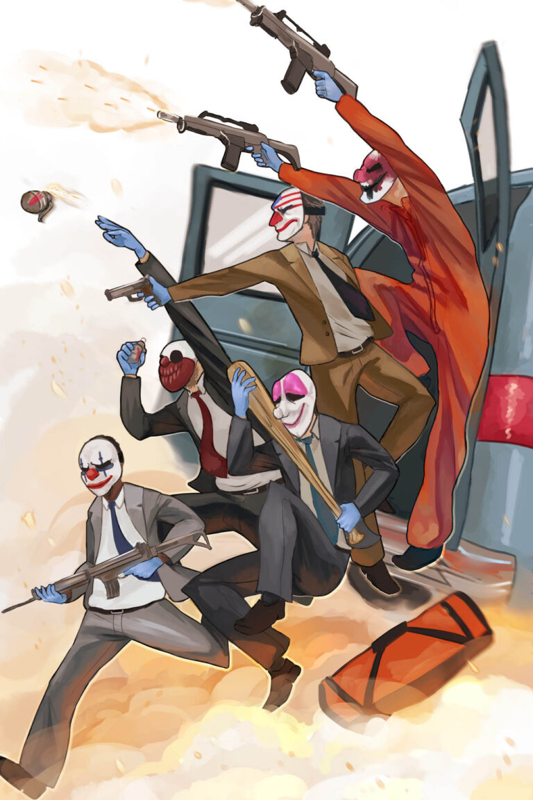 The characters Chains, Wolf, Houston, Dallas, and Hoxton from the video game Payday 2. They are wearing their heist masks and jumping out the back of the blue getaway van into a plume of smoke, firing guns as they go.