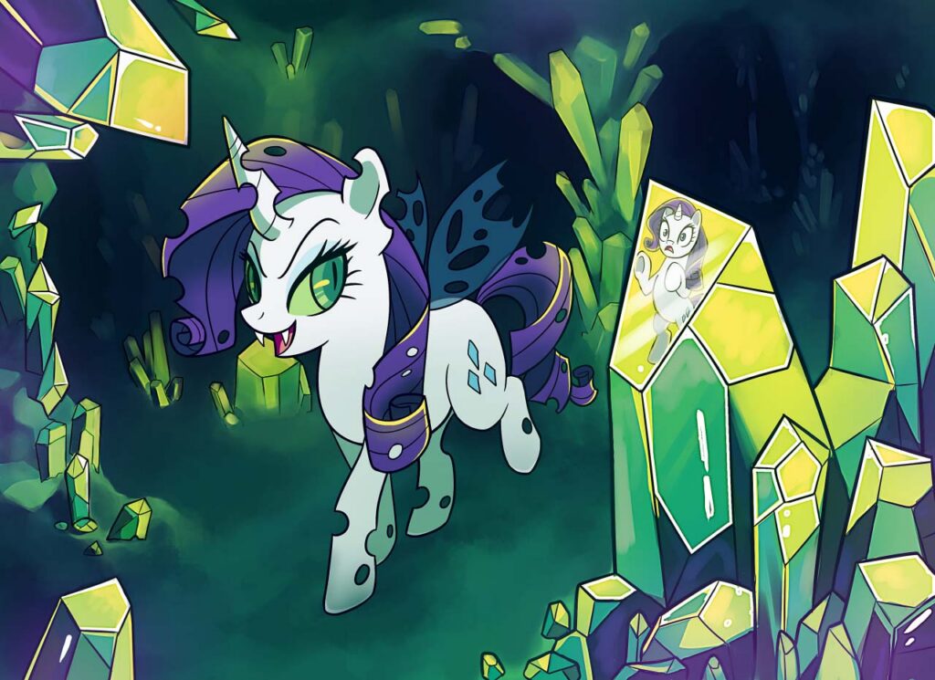 Rarity from the tv show My Little Pony, trapped in a crystal reflection within a crystal cave. A changeling version of Rarity taunts her from outside the crystal.
