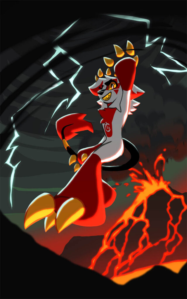 An original character floats above a lake of lava, lit from an erupting volcano behind them and a storm with lightning above.