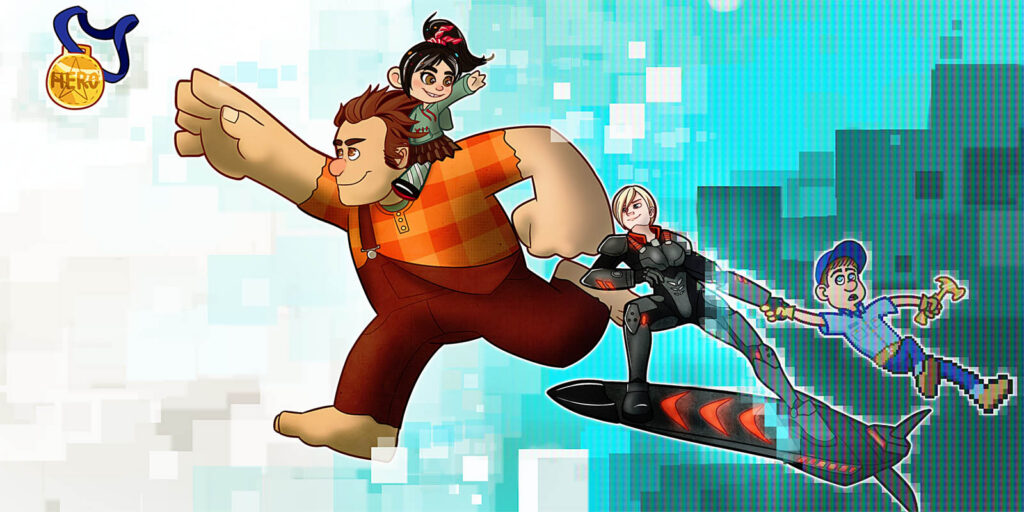 Ralph, Vanellope, Calhoun, and Felix from the movie Wreck-it-Ralph. The characters are breaking through a pixelated screen while Ralph reaches towards a gold medallion that says "Hero."