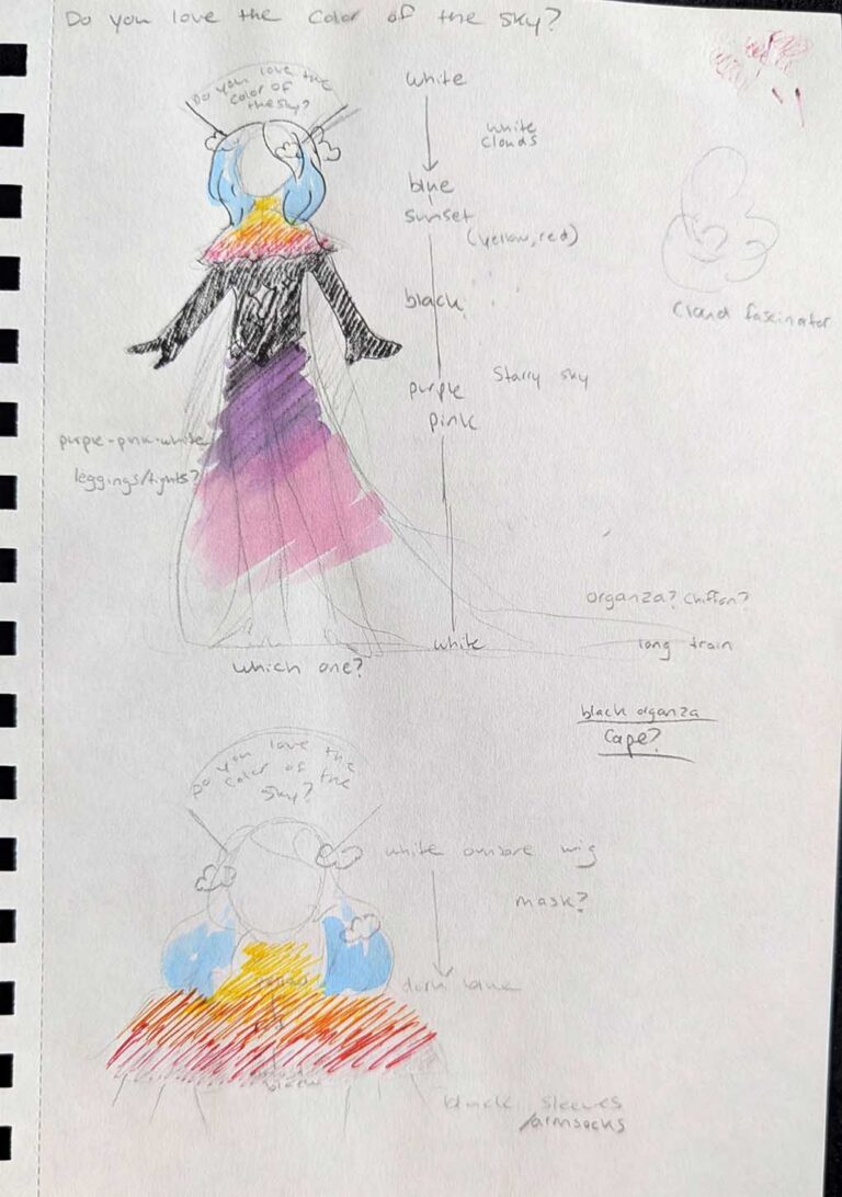 Original sketch idea of the costume, focusing on the color gradient from head to toe.